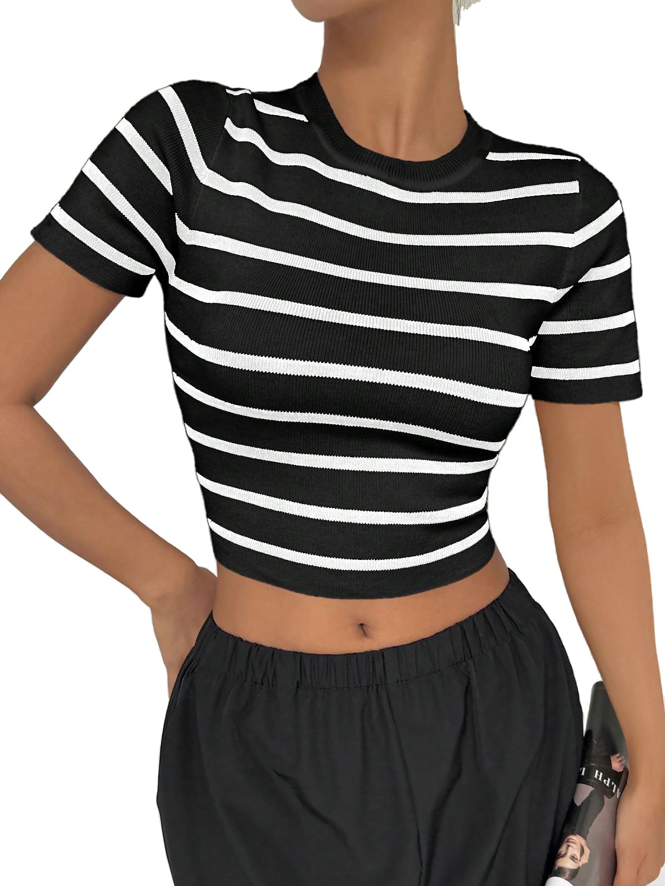 aahwan Women's & Girl's 100% Polyester Striped Short Sleeve Slim Fit Crop Top-picture-16