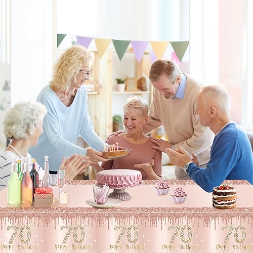 Miniatura 5 de Pack de 3 manteles de cumpleaños número 70 para mujer, rosado y dorado, mantel de plástico desechable rectangular para fiesta de cumpleaños número