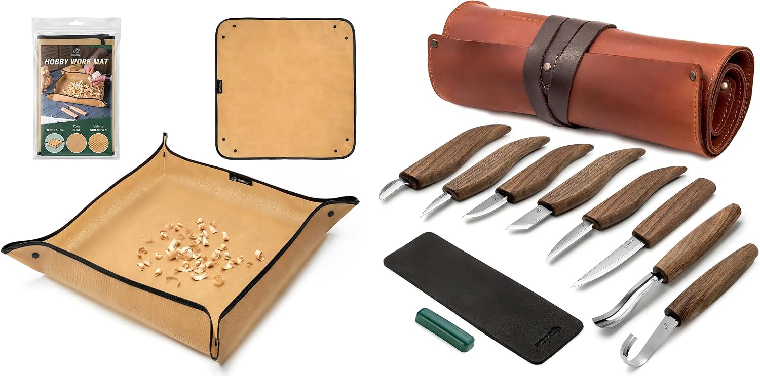 BeaverCraft Deluxe Wood Carving Kit S18X - Wood Carving Knife Set - Spoon Carving Tools Set - Whittling Knives, Wood Carving Mess Mat for Easy Cleanup – Portable Woodworking Hobby Work Mat MS