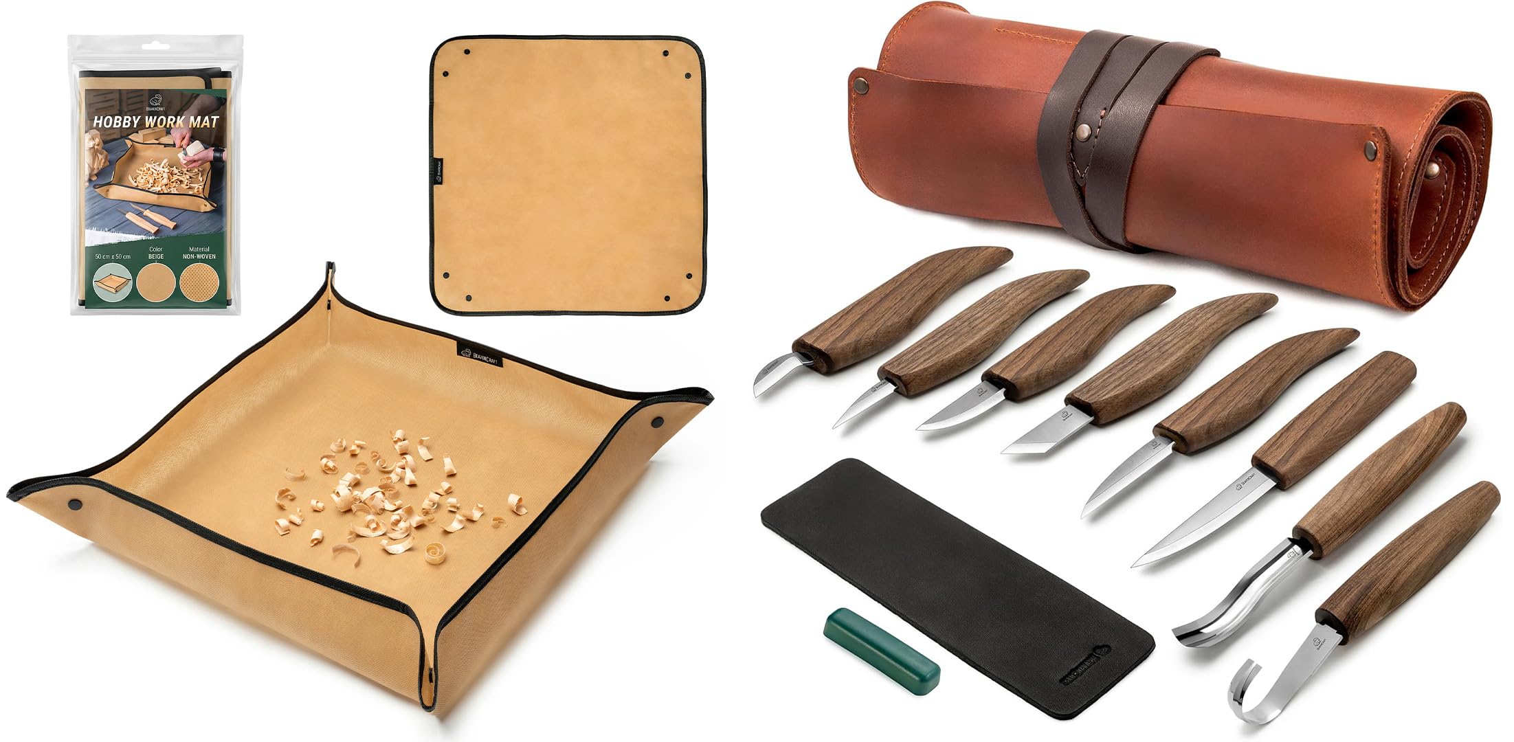 BeaverCraft Premium Schnitzset S18X Deluxe mit Arbeitsmatte MS – 4er Holz-Schnitzmesser Set im Lederetui für Rechtshänder & Faltbare Schnitzmatte für sauberes Arbeiten – Ultimatives Luxus-Geschenkset
