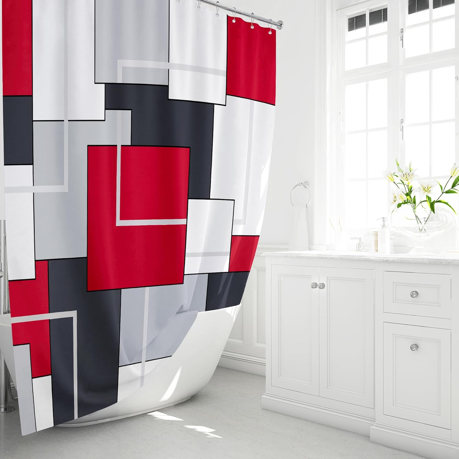 BTTN Extra Long Shower Curtain - 72 x 84 Inch Long Geometric Decorative Fabric Shower Curtain Set with 12 Plastic Hooks, Water Repellent, Large Hotel Modern Unique Shower Curtains for Bathroom - Red