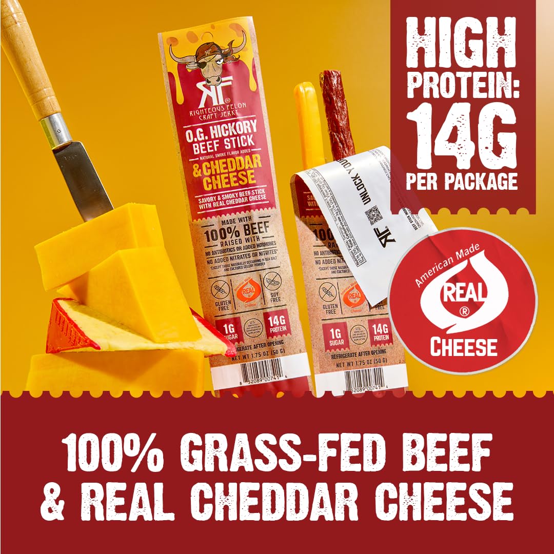 Righteous Felon O.G. Hickory Beef & Cheddar Cheese Sticks, 14g Protein, Shelf Stable Meat and Cheese Snack, 100% Grass-Feed Beef, Individually Wrapped Gluten & Soy Free Snack, 10 Combo Sticks