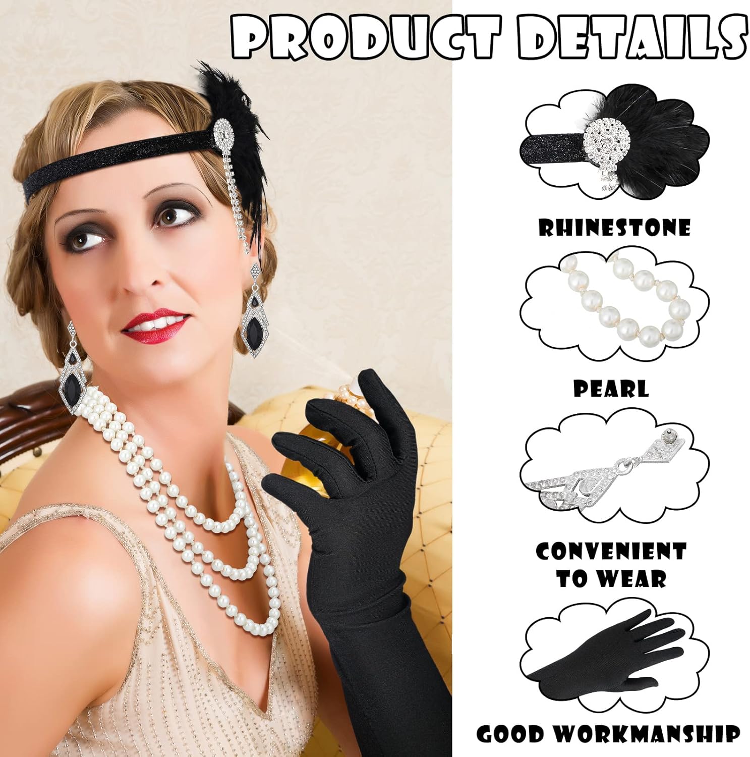 Maitys 1920s Accessories Set for Women Flapper Costume Feather Headband Necklace Bracelet Earrings - Image 5