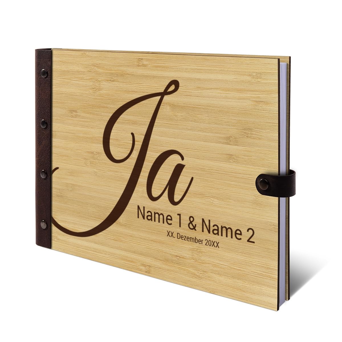 Personalisiertes Hochzeit Gästebuch echtes Holz DIN A4 Hochzeitsbuch mit Lasergravur - Ja - mit 72 Blatt / 144 Seiten Naturpapier Weiß