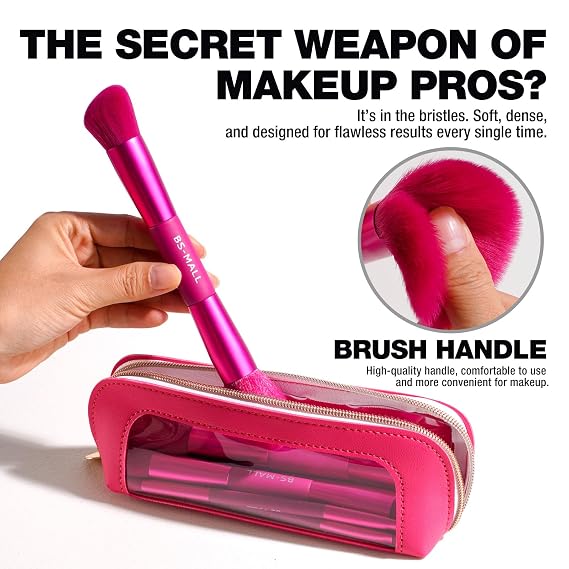 BS-MALL Double-ended Makeup Brush Set With Concealer Brush & Foundation Brush, Eyeshadow Brush- Travel-friendly Multi-purpose Brushes In Makeup Bag For Daily Use (9 PCS Hot Pink)