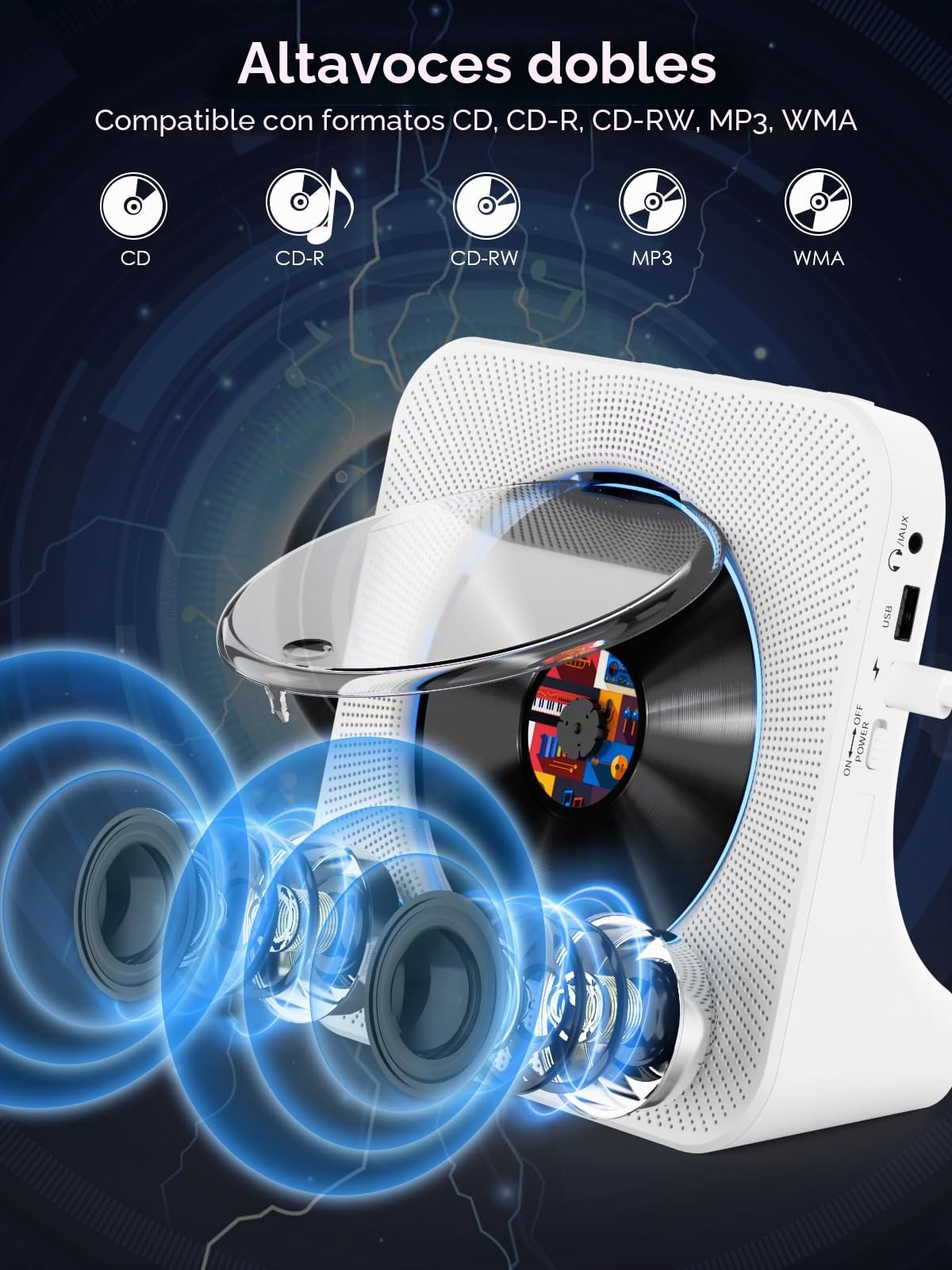 Gueray Reproductor de CD Bluetooth con Radio y Altavoces Blanco