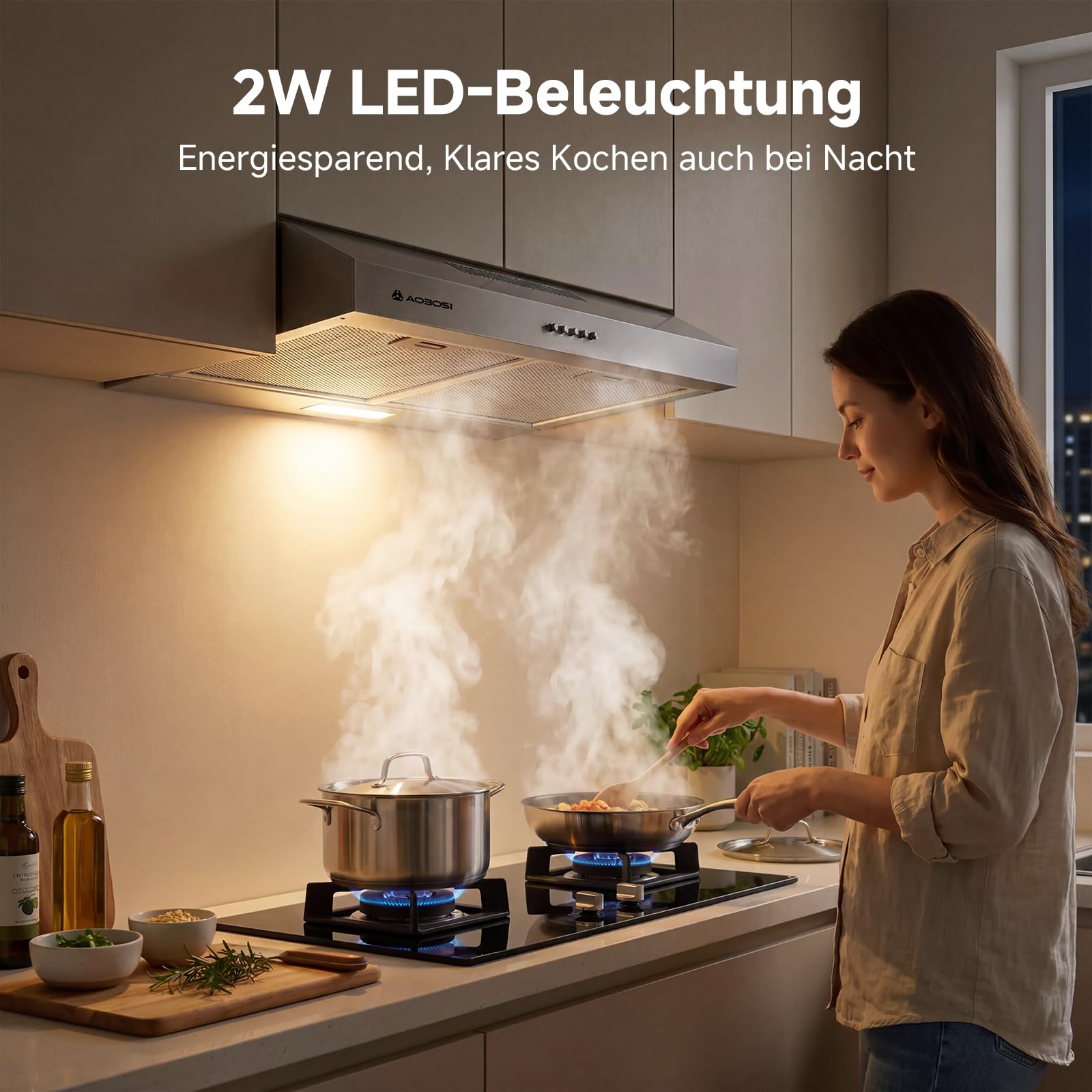 AAOBOSI A++ Dunstabzugshaube Unterbau 60cm, 3 Leistungsstufen, 230m³/h Unterbauhaube, mit Abluft oder Umluft mit Kohlefilter, LED-Licht, Edelstahl Silber