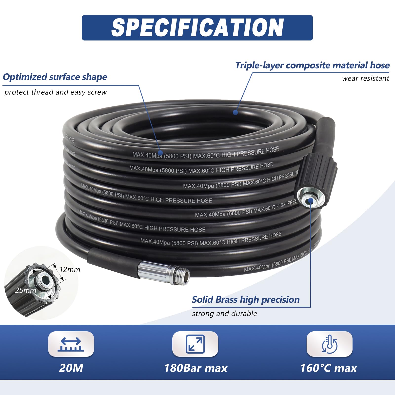 Desatascador Tuberías 20M 180Bar, Manguera Limpieza con Boquillas Rígidas + Giratorias, Adaptadores Compatible Kärcher K2-K7 Lavor Parkside Bosch
