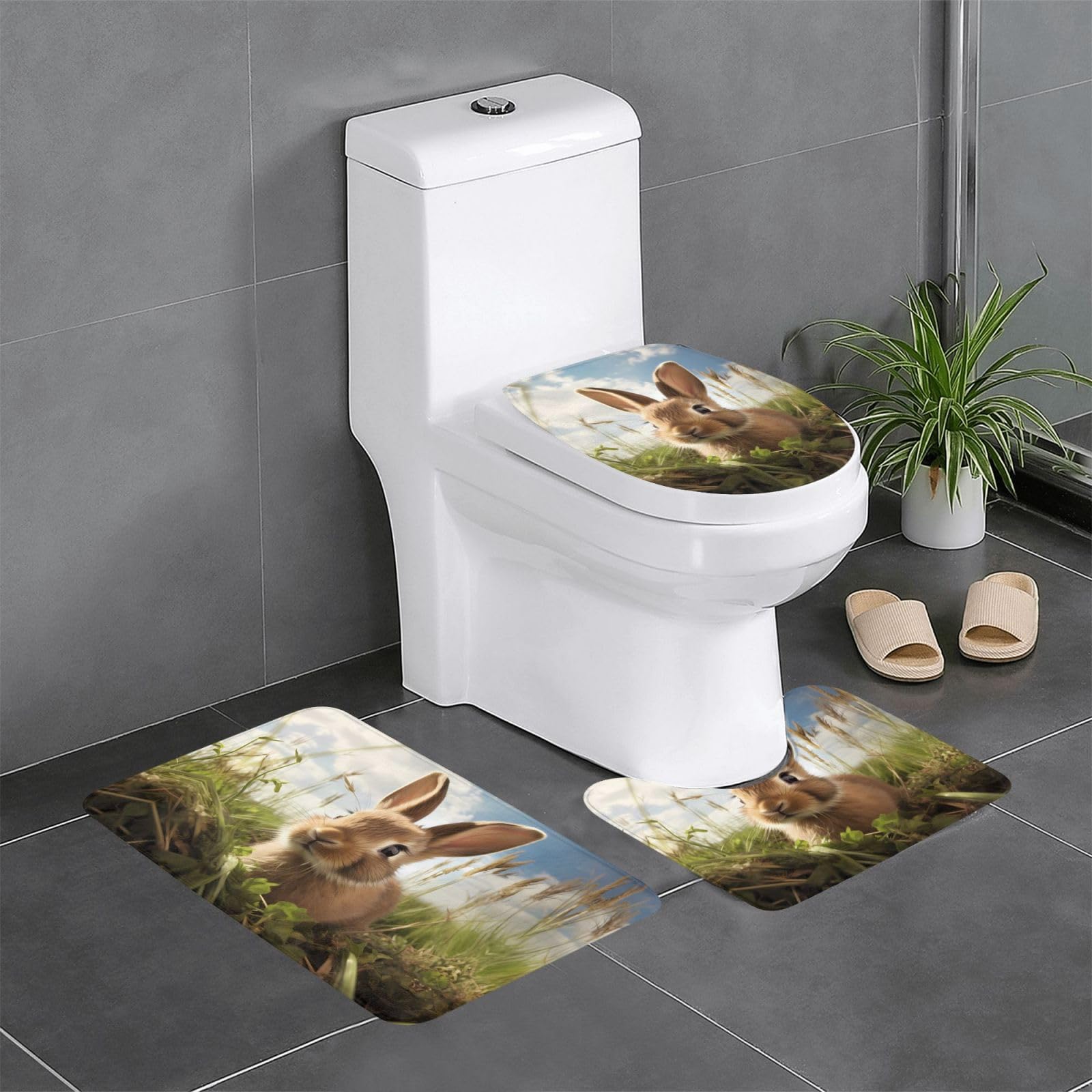 Tapis de bain antidérapants lot de 3 motif lapin herbe pour salle de bain