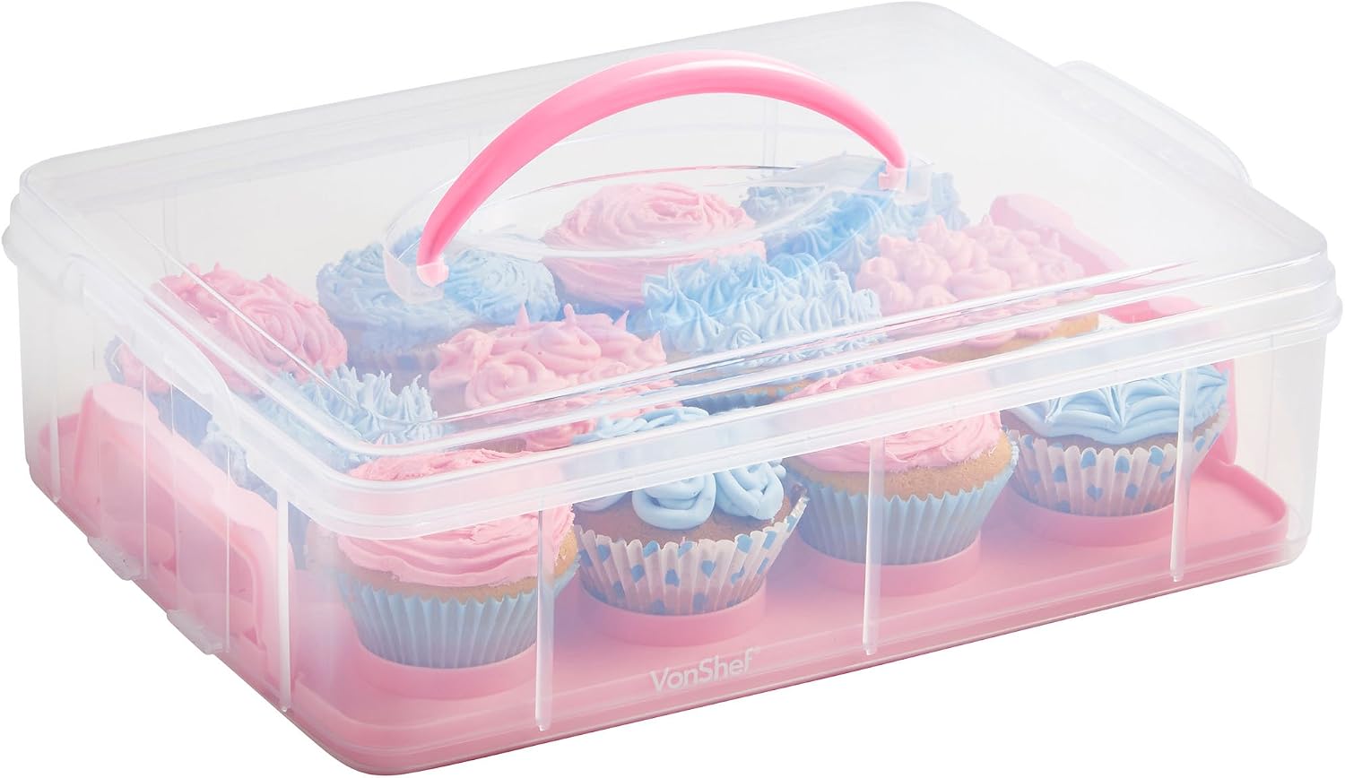 VonShef Snap and Stack Pink 3 Tier Cupcake Holder & Cake Carrier Container - Store up to 36 Cupcakes or 3 Large Cakes