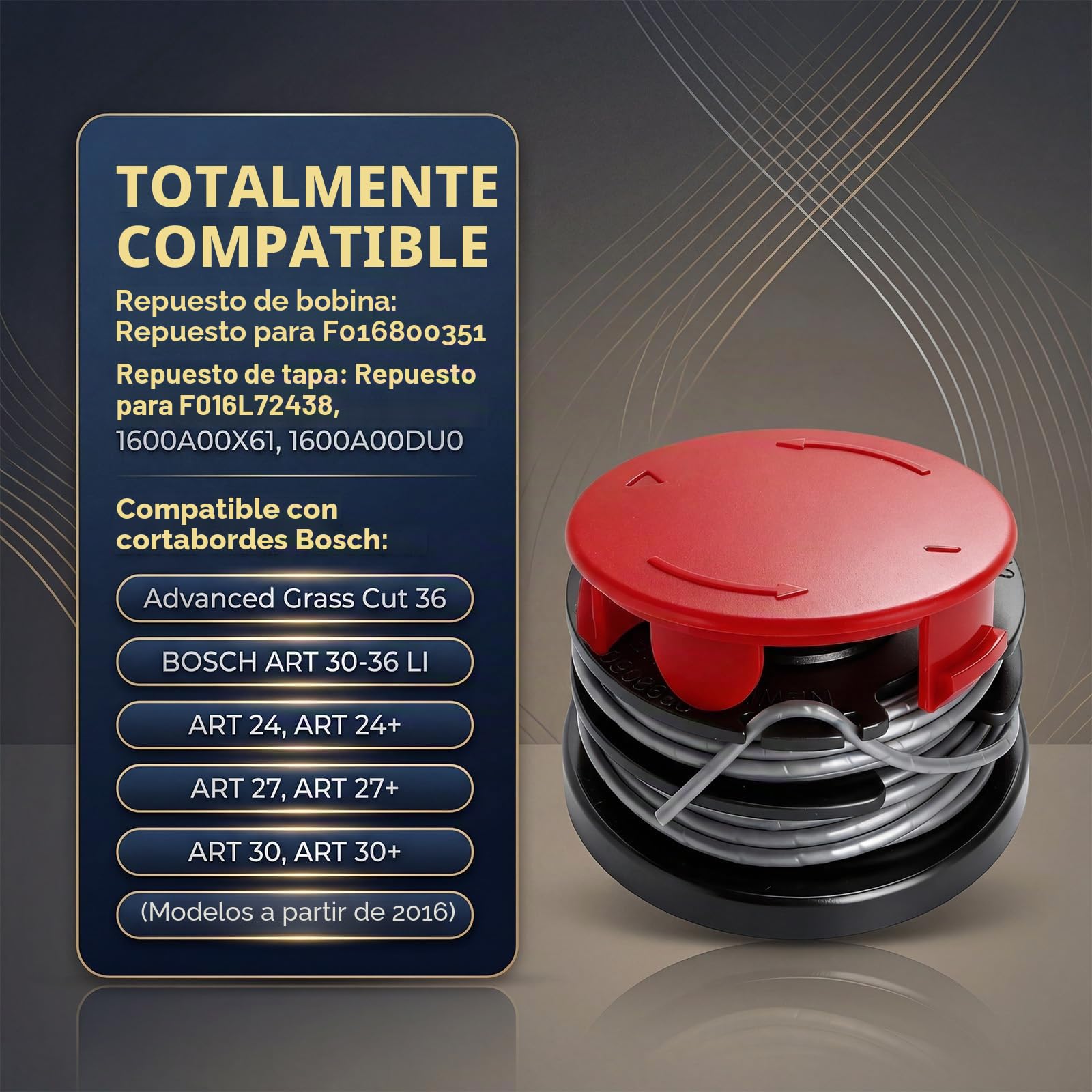 Bobina de hilo para Bosch F016800351 Bobina de repuesto 6 bobinas con 2 tapas para desbrozadora Bosch ART 24 ART 24+ ART 27 ART 27 + ART 30 ART 30+, diámetro 1,6 mm, hilo de nailon 6 m