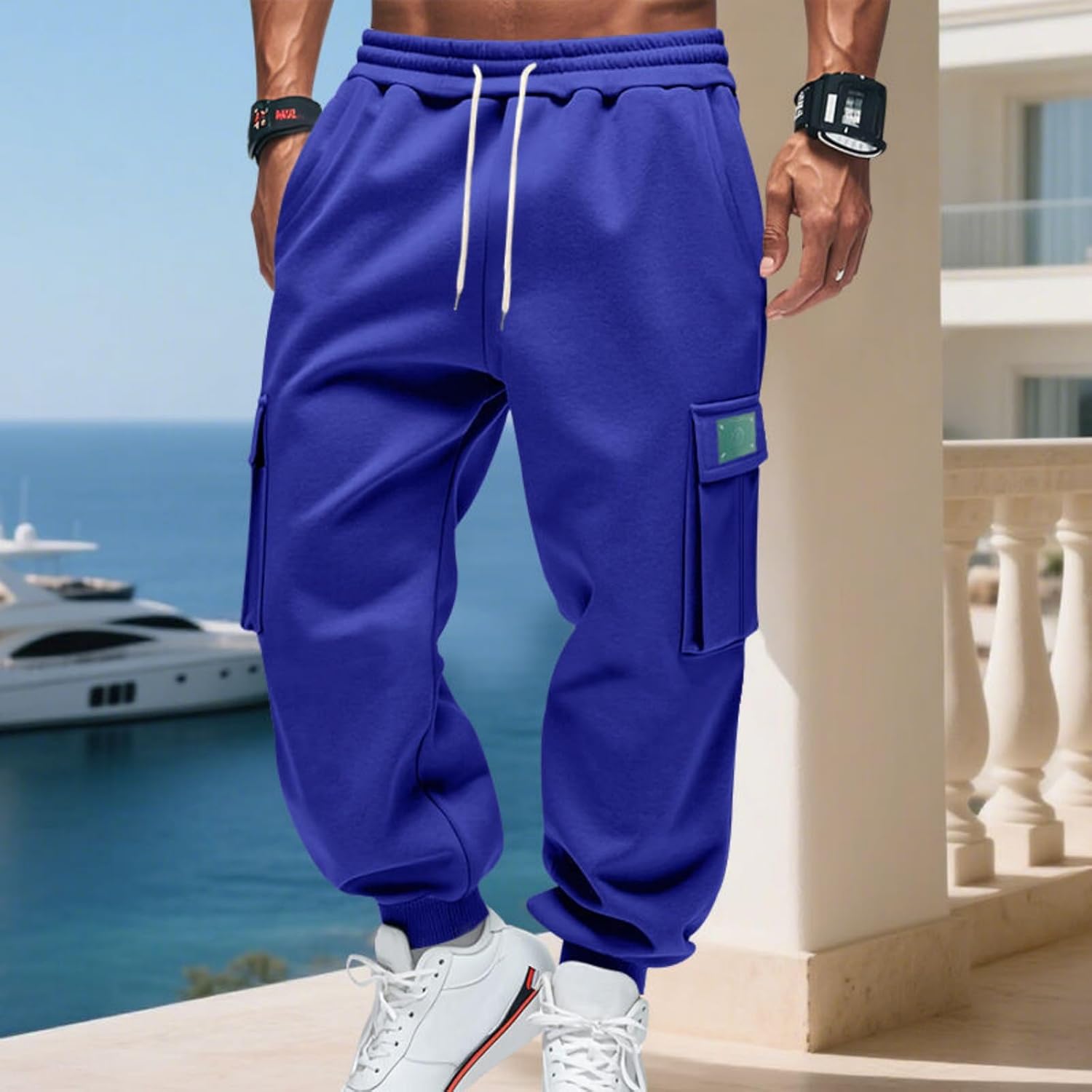 Mens Fleece Cargo Sweatpants Heavyweight Elastic Waist Pants with Pockets Casual Baggy Drawstring Jogger Trousers