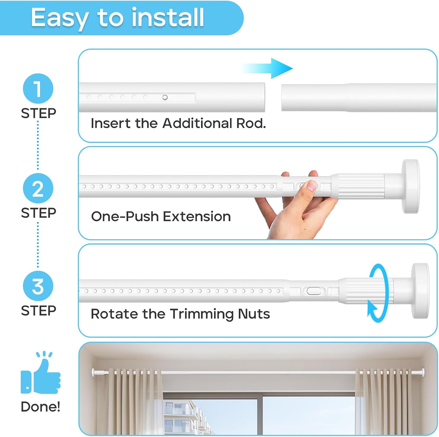 2pack Tension Curtain Rod 41-126 In(4-10Ft) Long Shower Curtain Rods No Drilling Outdoor Tension Rods For Patio White Shower Rod For Window Or Bathroom，Rod Diameter 1.26in-One-Bond Stretching