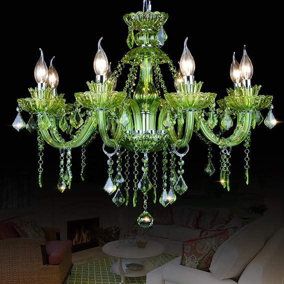 Braiton LED Crystal Glass Chandelier K9 Crystal Chandelier Candle Pendant Lamp Living Room Ceiling Lighting with Adjustable Height for Dining Bedroom Hallway Entry,Green,8 Lights