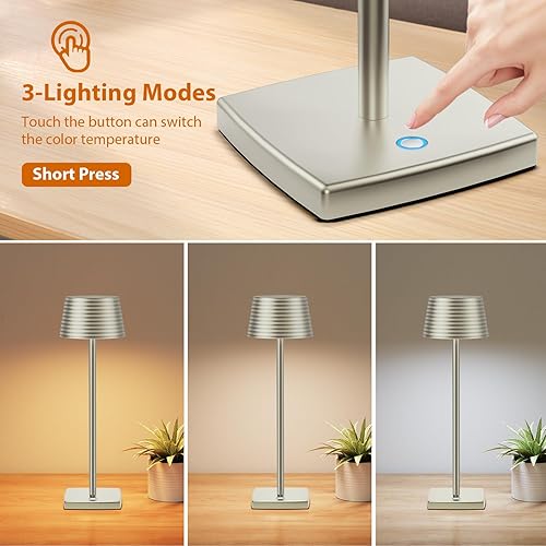 Miniatura 3 de Lámpara de mesa inalámbrica recargable, batería de 6000 mAh, carcasa de aluminio de metal, lámpara de escritorio portátil LED USB, 3 niveles de