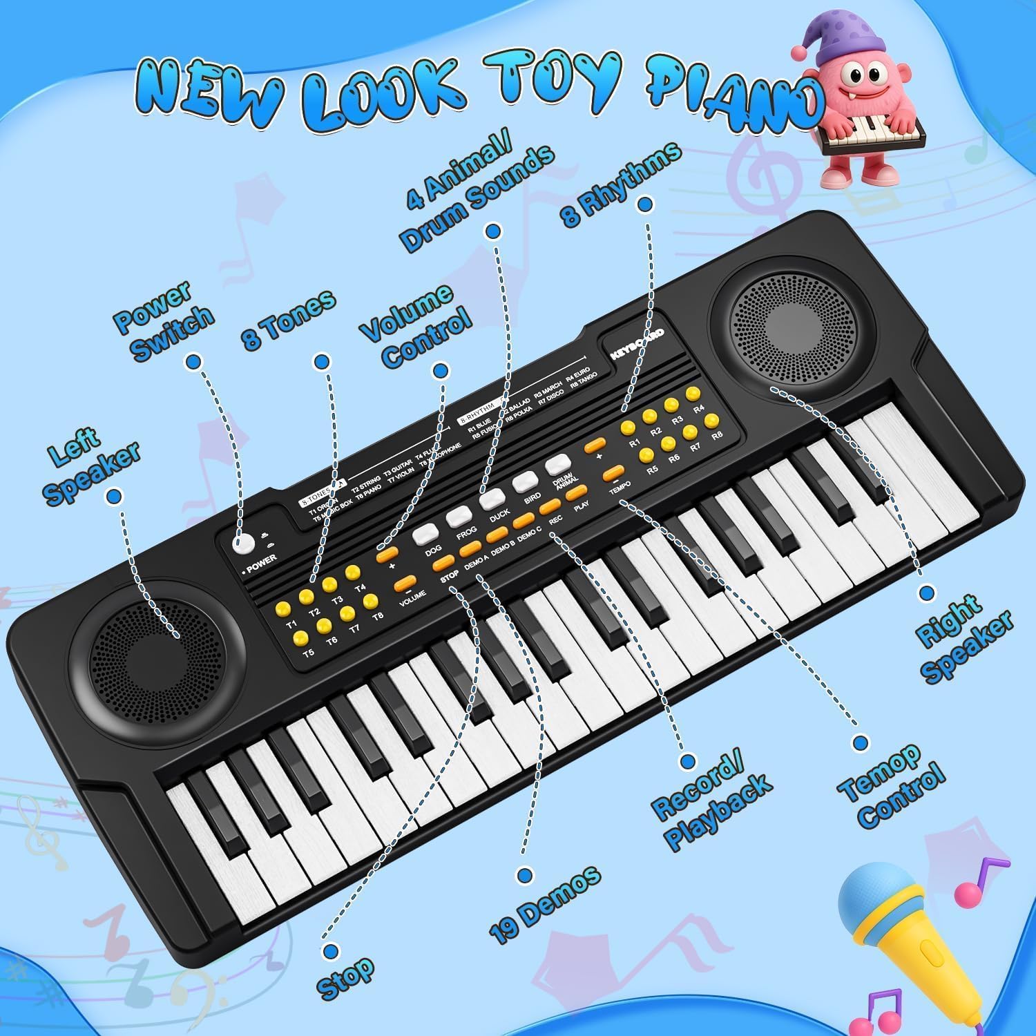Piano Clavier Jouet pour Enfants Piano Électrique 37 Touches | avec Microphone, Jouets pour Filles Garçons de 3 4 5 6 7 Ans, Cadeaux d'Anniversaire et de Noël,Noir