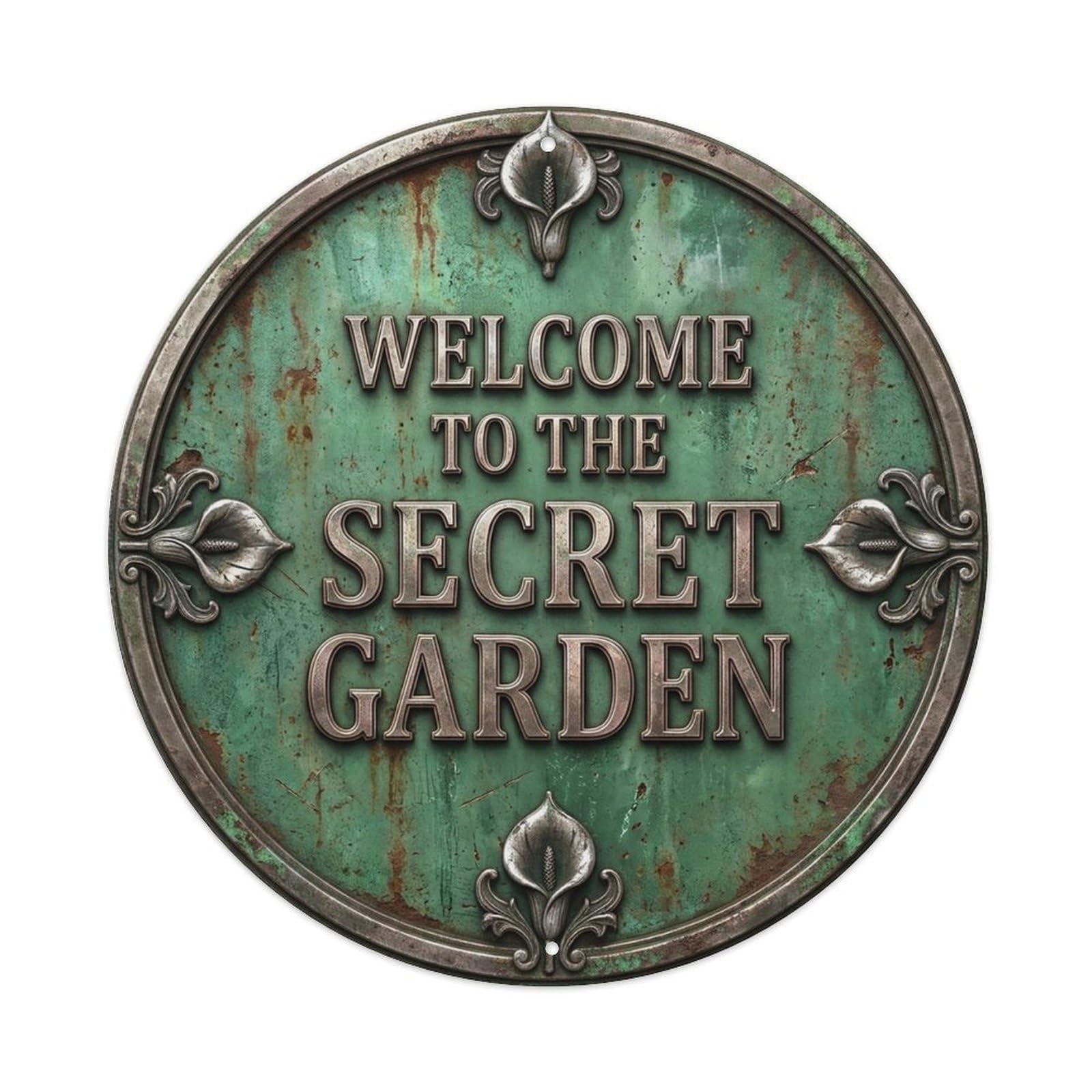 Vintage Welcome Secret Garden Silver Fern Arum Metal Tin Sign