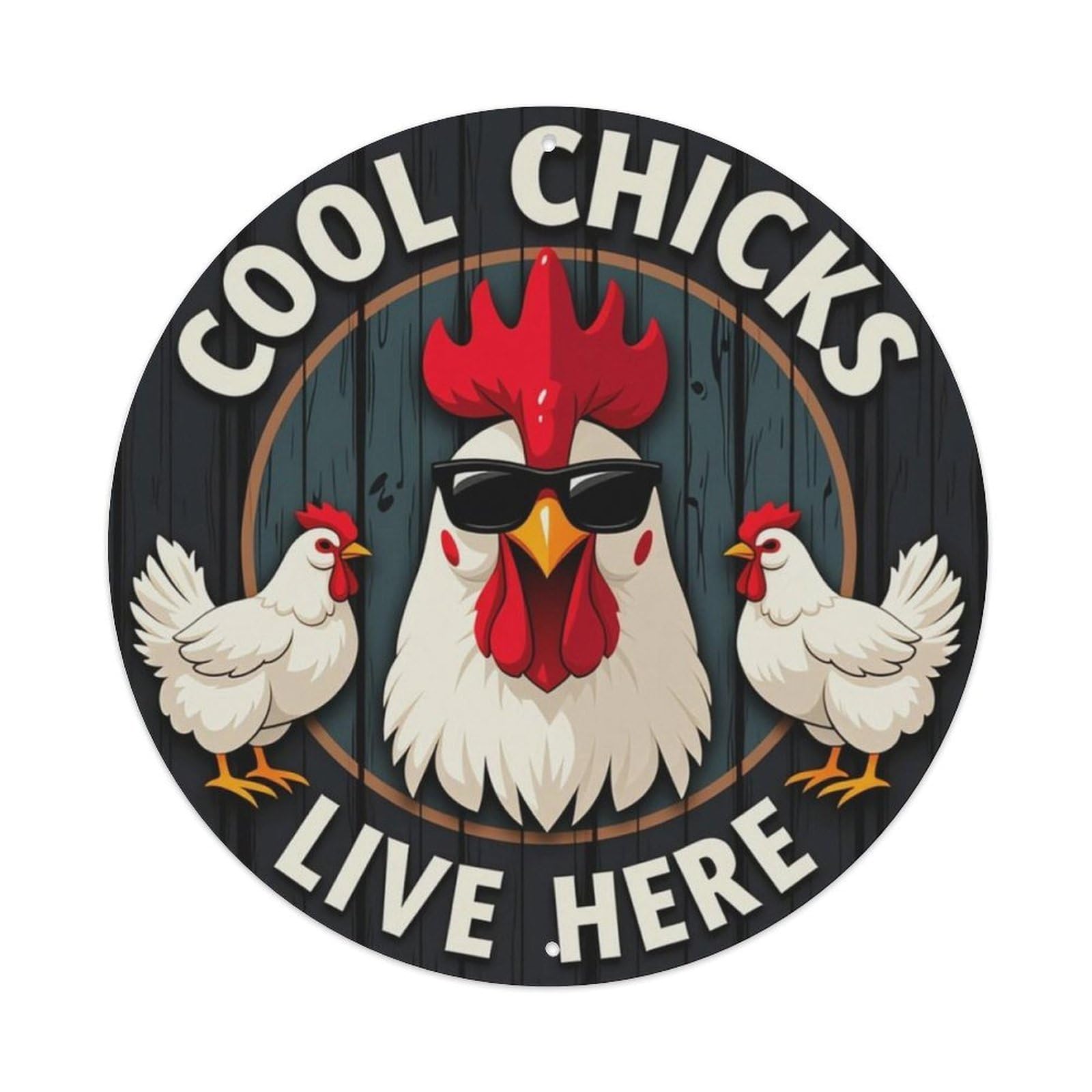 Cool Chicks Live Here Sunglass Rooster Farm Round Wall Sign Vintage Aluminium Metal Sign, Retro Wall Decor for Home, Bar, Garage & Farmhouse 20x20cm