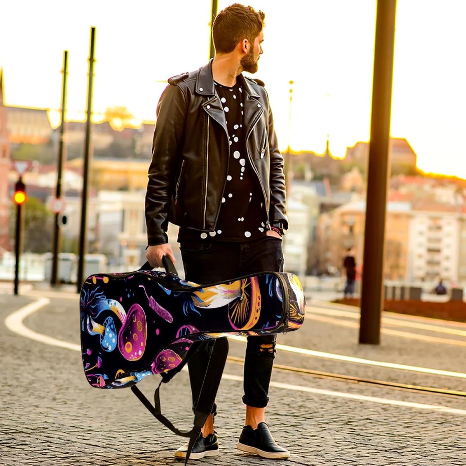 40 41 42 Inch Guitar Bags, Waterproof Padded Acoustic Guitar Case Backpack with Adjustable Shoulder Strap & Pockets, Magic Mushrooms and Skulls