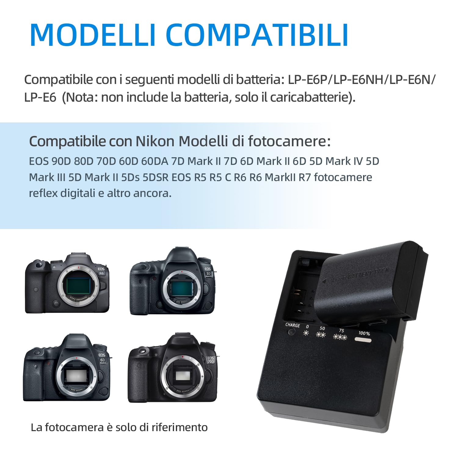 LP-E6 LP-E6N Caricabatterie Compatibile conCanon EOS, EOS R, 90D, 80D, 70D, 60D, 6D Mark II, 7D Mark II, 5D Mark IV, III, II, 5DS, 5DS R