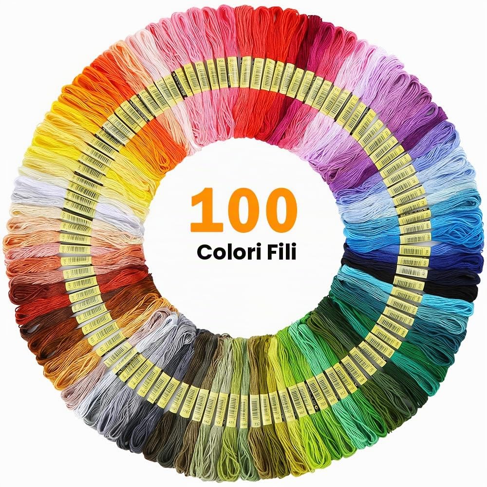 Pllieay Ricamo Starter Kit con 5 cerchi in bambù, 100 fili colorati, 3 pezzi di tela Aida e kit di strumenti per il cucito