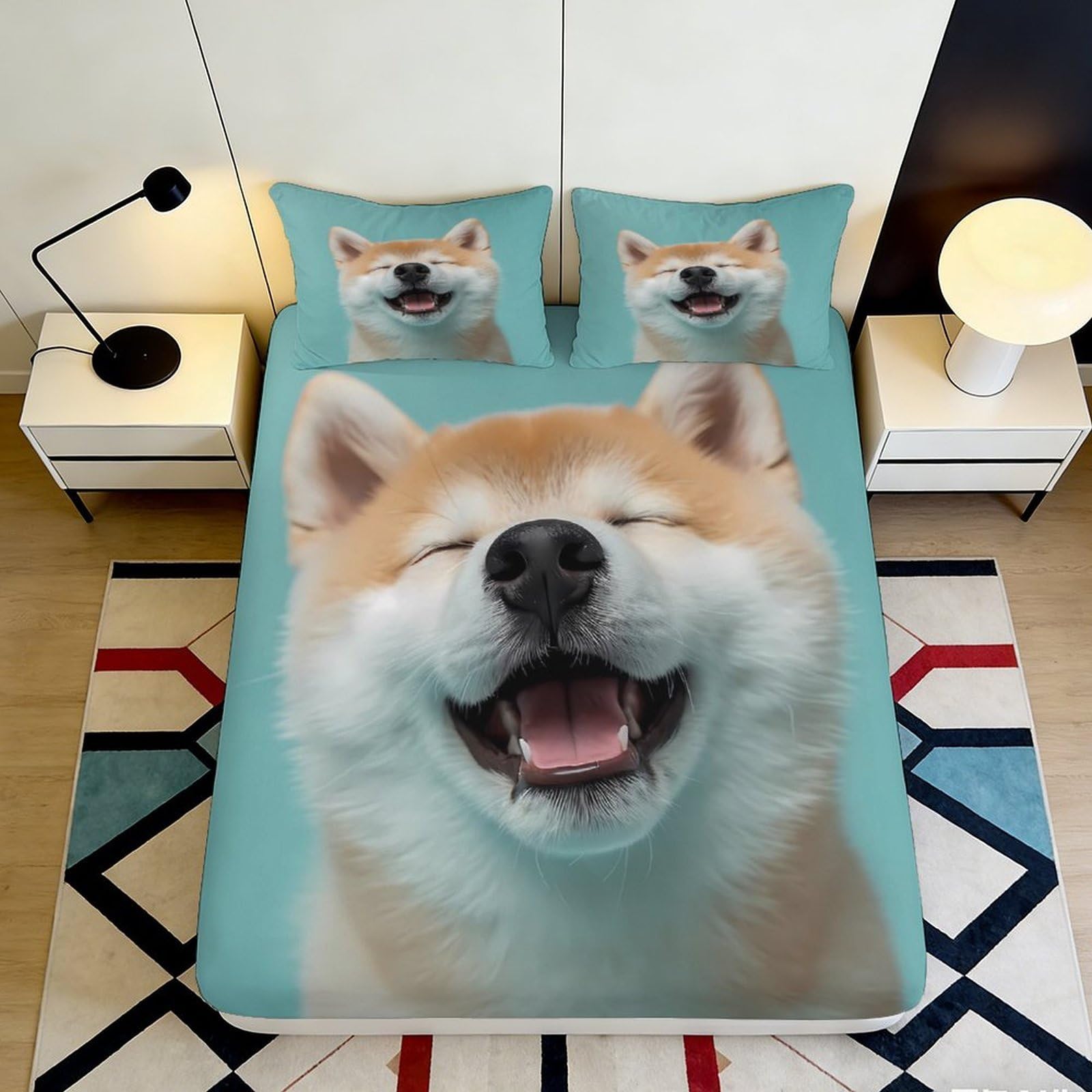 3D Printed Smiling Shiba Inu Fitted Sheet Microfiber Soft Anti-Slip Bed Cover for Bedroom Guest Room Dorm Decor 90x200x25cm