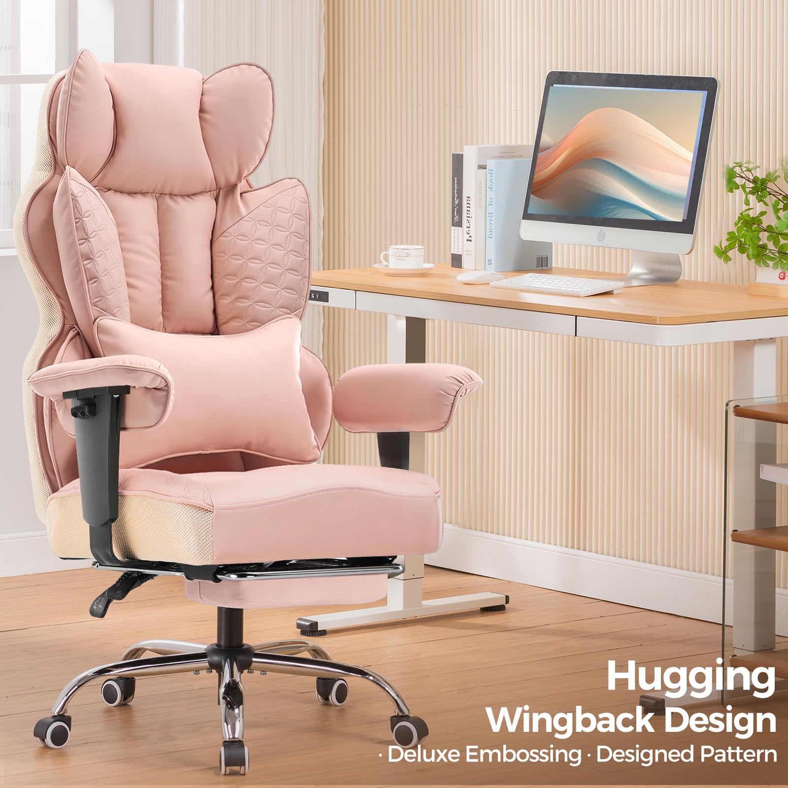 GTPLAYER Big and Tall Gaming Chair 400lbs Heavy Duty Office Chair with Foot Rest & Ergonomic Pocket Spring Lumbar Support, High Back 3D Saddle Shaped Cushion for Back Pain Relief, Pink view 7