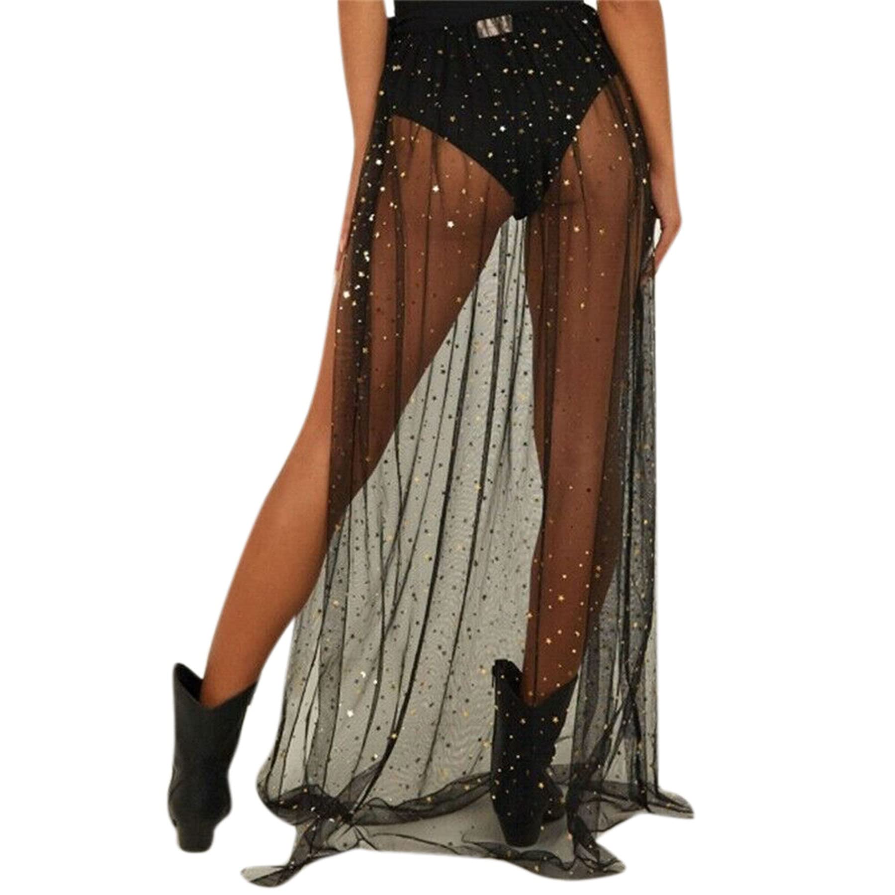 AIBEARTYWomen Elastic Waist Mesh Sheer Long Side Slit Maxi Skirts Summer Beach Cover Up