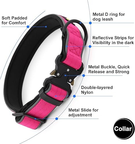 Miniatura 3 de Plutus Pet Collar táctico para perro, reflectante, ajustable, resistente, acolchado suave y cómodo, para perros pequeños, medianos y grandes (rosa