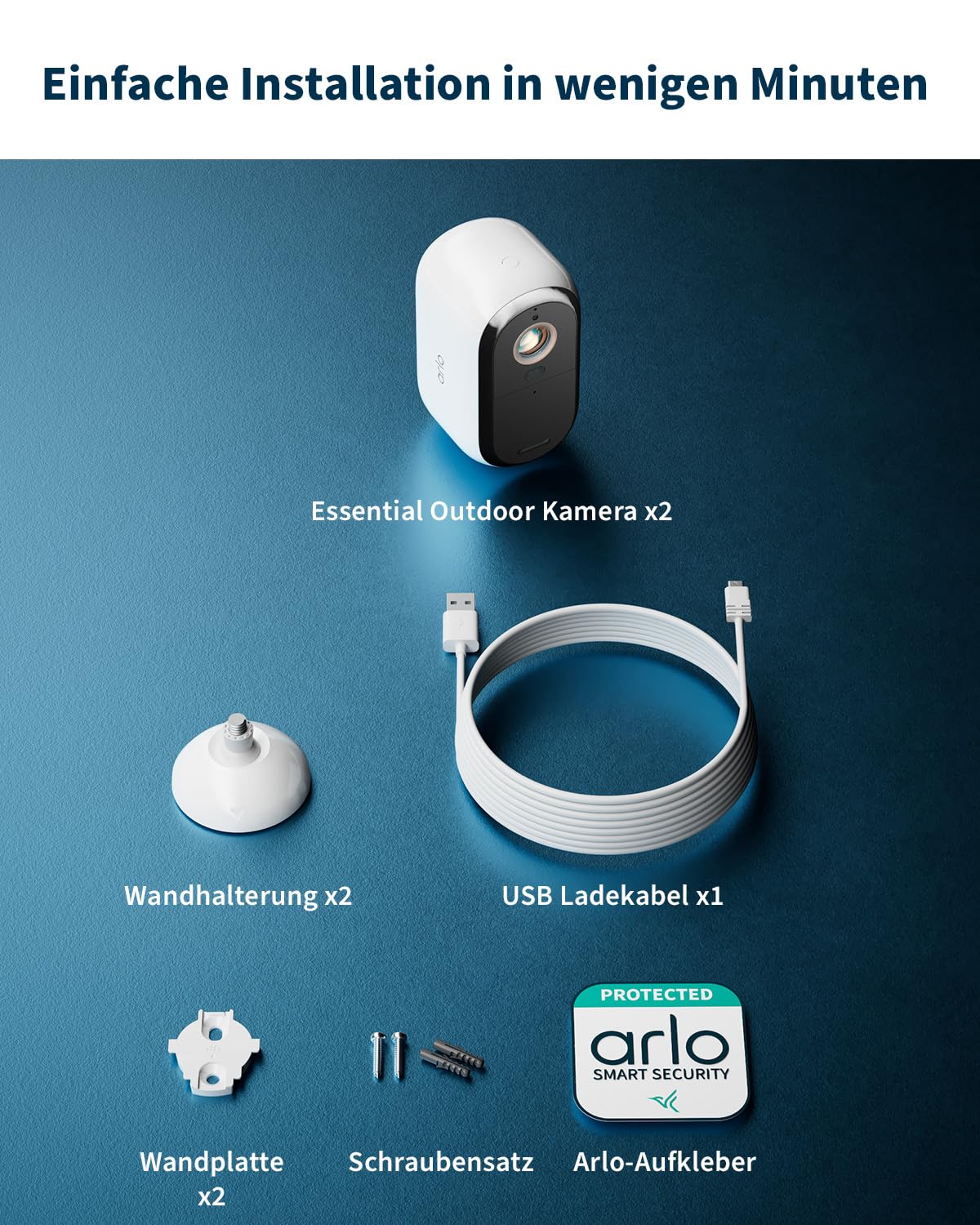 Arlo Essential 3 HD Akku Überwachungskamera Aussen WLAN, Kabellos, 1080p Video, Farbnachtsicht, Licht, Bewegungsmelder, Sirene, 2-Wege Audio, Smart Home Secure Plan Testzeitraum, 2er Set