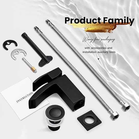 Wasserrhythm Basin Taps with Pop up Waste Black Waterfall Square Bathoom Sink Tap Mixers Brass Mono Cloakroom Faucet Monobloc with Slotted Waste Modern 1 Hole G1/2 Hoses