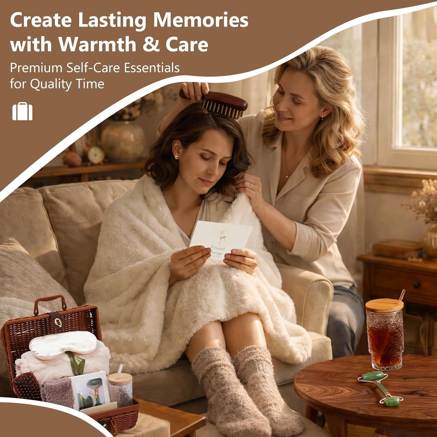 14-Piece Vintage Self-Care Gift Basket for Women – Relaxing Spa Care Package with Blanket, Socks, Glass Tumbler & Accessories, Ready-to-Gift - Image 7