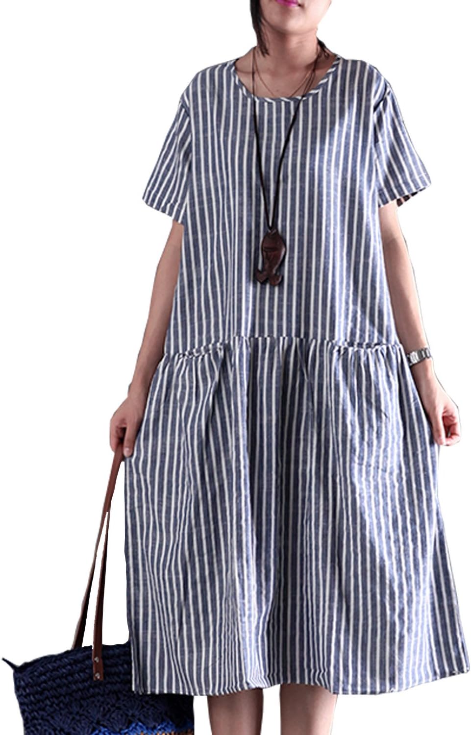 Women's Stripe Dress Baggy Dress Asymmetrical Tunic Dress Loose Linen Summer Dress (X-Large, Blue)