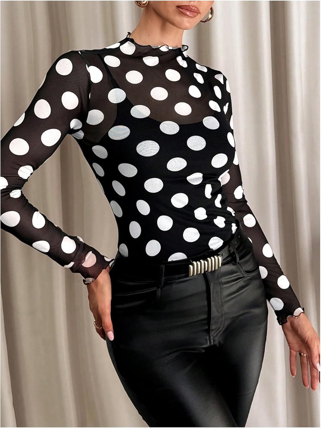 WDIRARA Women's Sheer Leopard Print Lettuce Trim Top Mock Neck Long Sleeve T Shirt Mesh Crop Tops - Image 3