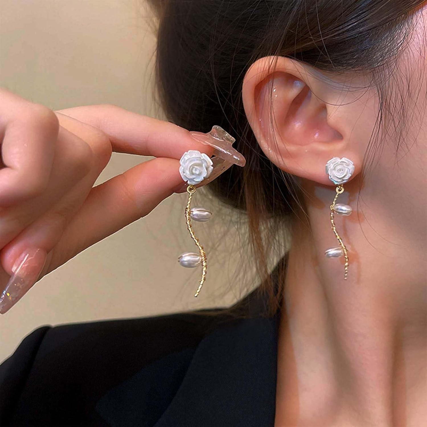 Bohemian Camellia Pearl Dangle Earrings Gold Baroque Pearl Drop Earrings Enamel Rose Flower Stud Earrings Retro Camellia Flower Earrings Jewelry for Women Gifts - Image 2