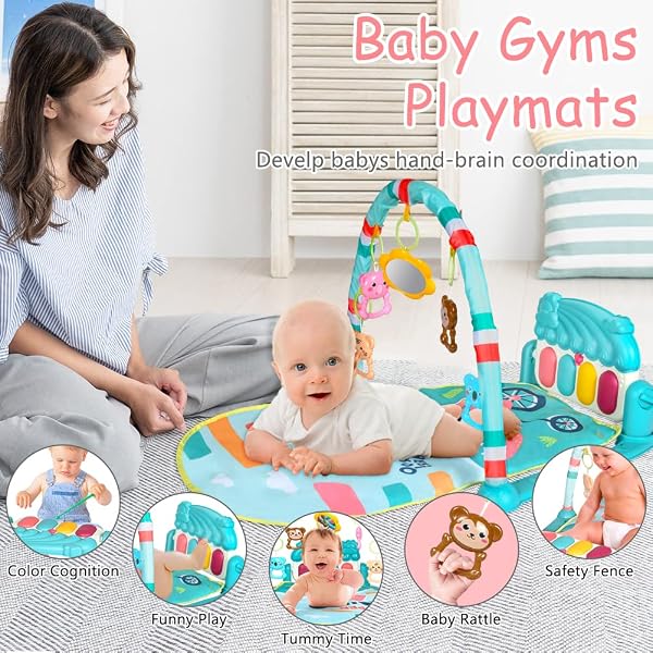 Aomig Gimnasio De Juegos para Bebe,Manta de Juego para Bebé con Piano con 3Sonidos y 5Accesorios,Motivo de Animales,Tapete De Juegos para Bebés de 0-24 Meses Que,Alfombra Piano Gimnasio para Bebés - 3