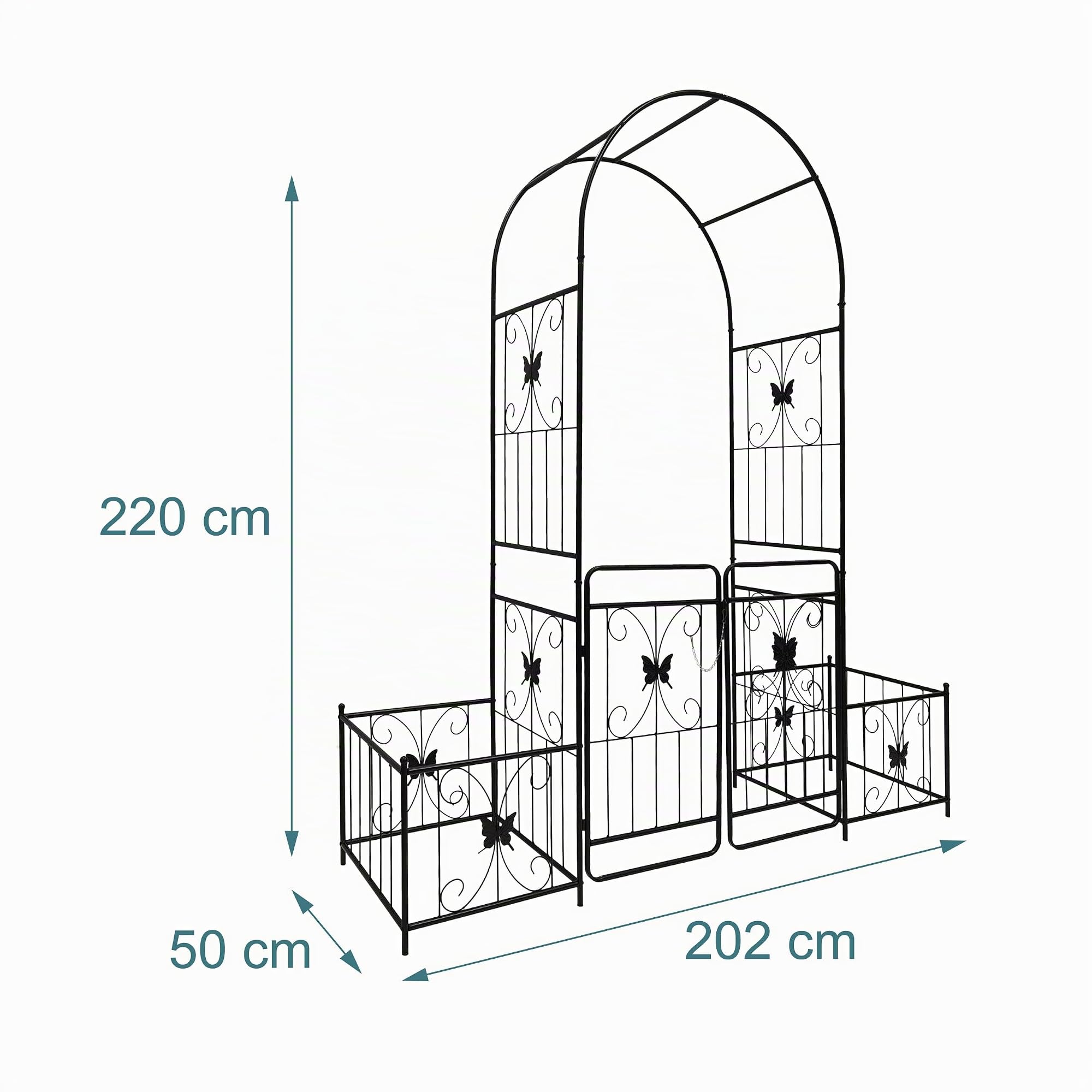 Relaxdays Arche Ronde en métal avec portillon Double et 2 jardinières, 220 x 202 x 50 cm, Noir