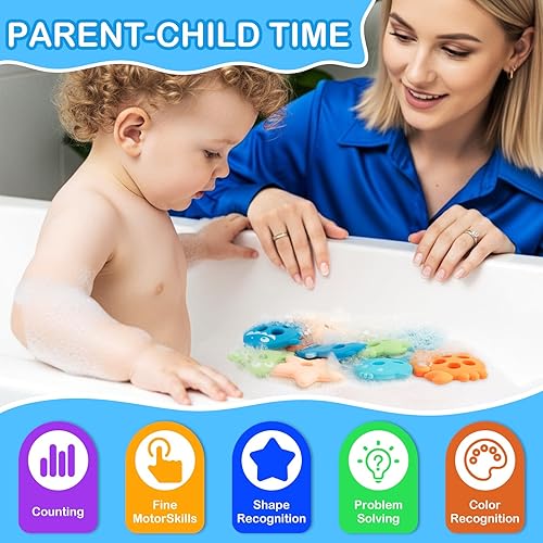 Miniatura 4 de Juguetes de baño para bebés, juguetes de baño de silicona para clasificar y apilar formas sin moho para niños de 1 a 3 años con 10 bonitas piezas
