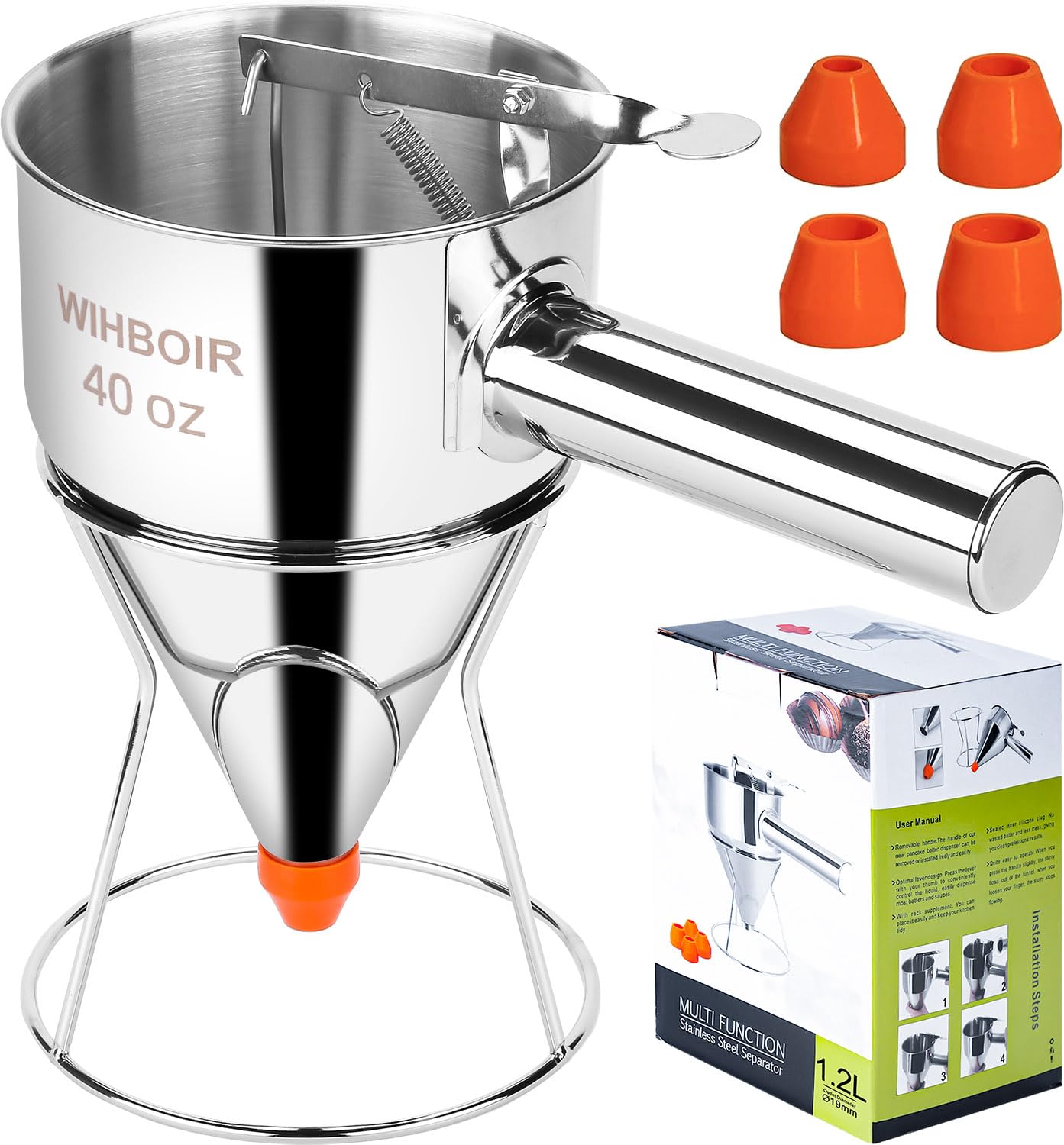 40oz Stainless Steel Pancake Batter Dispenser Multi-Nozzle, Funnel Tool