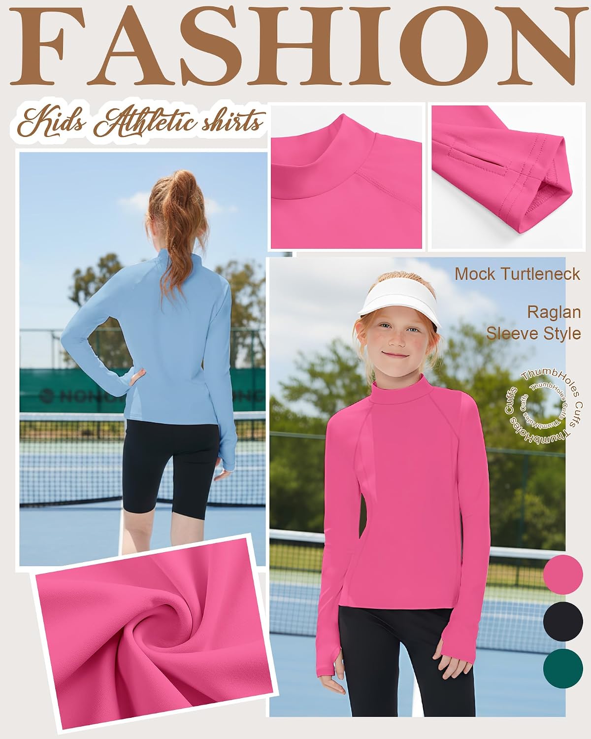 3 Pack Girls Long Sleeve Athletic Shirts Mock Turtleneck Quick Dry Tops Kids Sports Yoga Tees with Thumb Holes