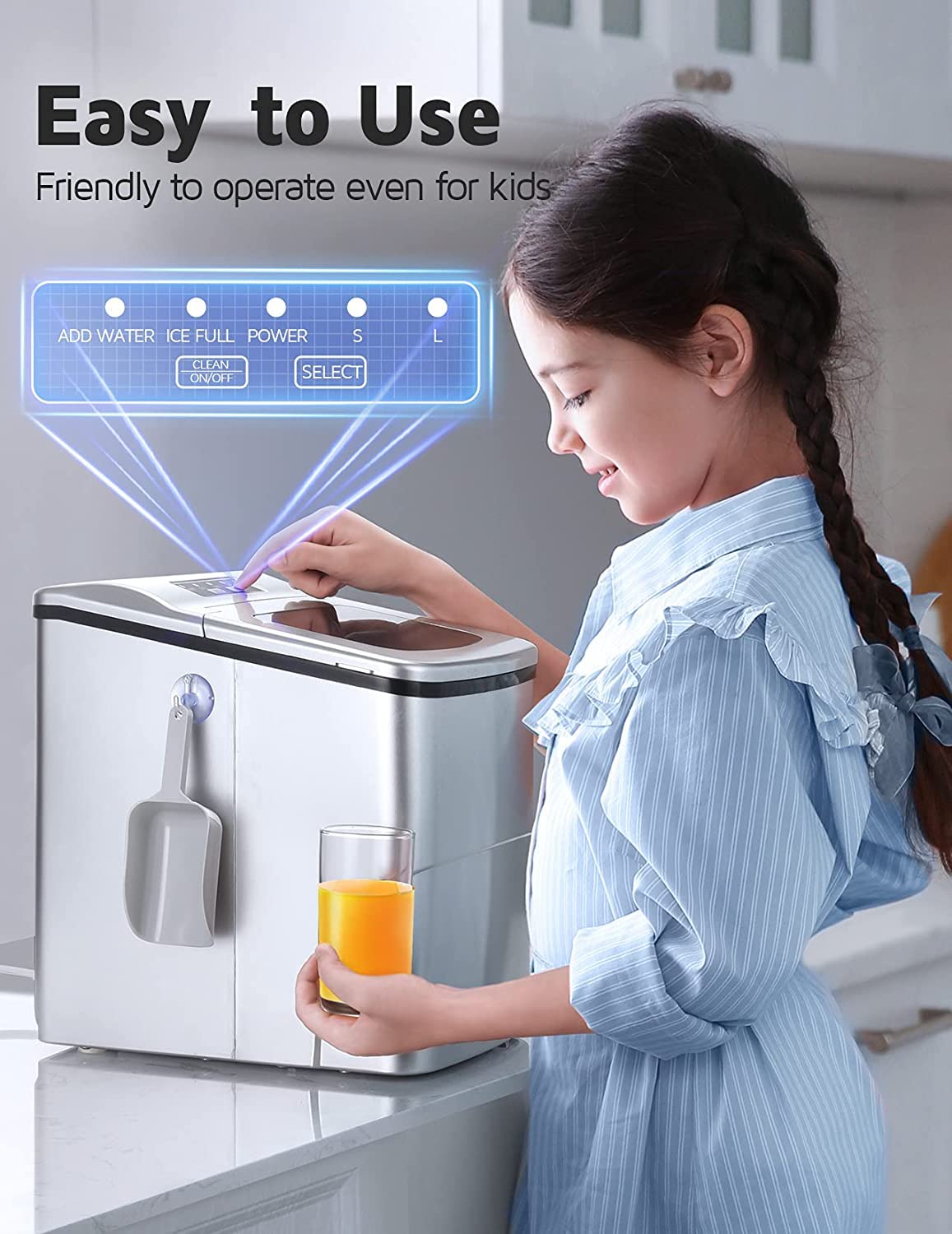 Portable Ice Maker, 26Lbs/24H Self-Cleaning Ice Maker Machine for Countertop, 9 Ice Cubes S/L in 6mins Ice Maker Machine, 2L Ice Cube Maker with Ice Scoop Basket, Hook