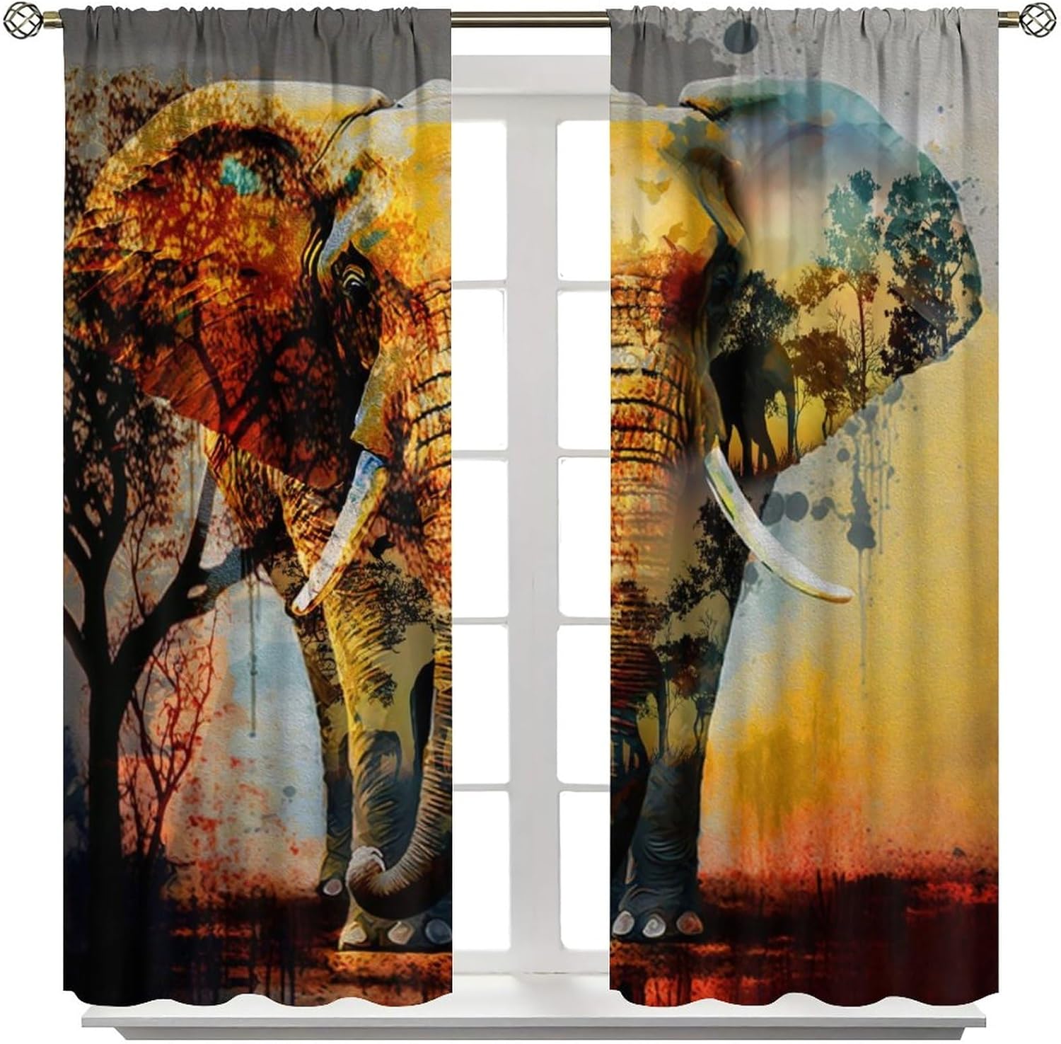 Rustic African Wildlife Elephant Blackout Curtains for Bedroom, Abstract Modern Art Nature Landscape Animal Silhouette Sunset Tree Rod Pocket Thermal Darkening Curtains Drapes 2 Panels 45"L x 21"W