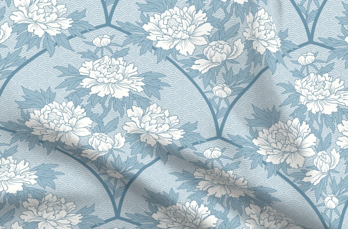 Spoonflower Fabric - Art Deco Floral Peony Bouquet Scallop Fan Large Scale Light Blue Printed on Petal Cotton Fabric Fat Quarter - Sewing Quilting Apparel Crafts Decor