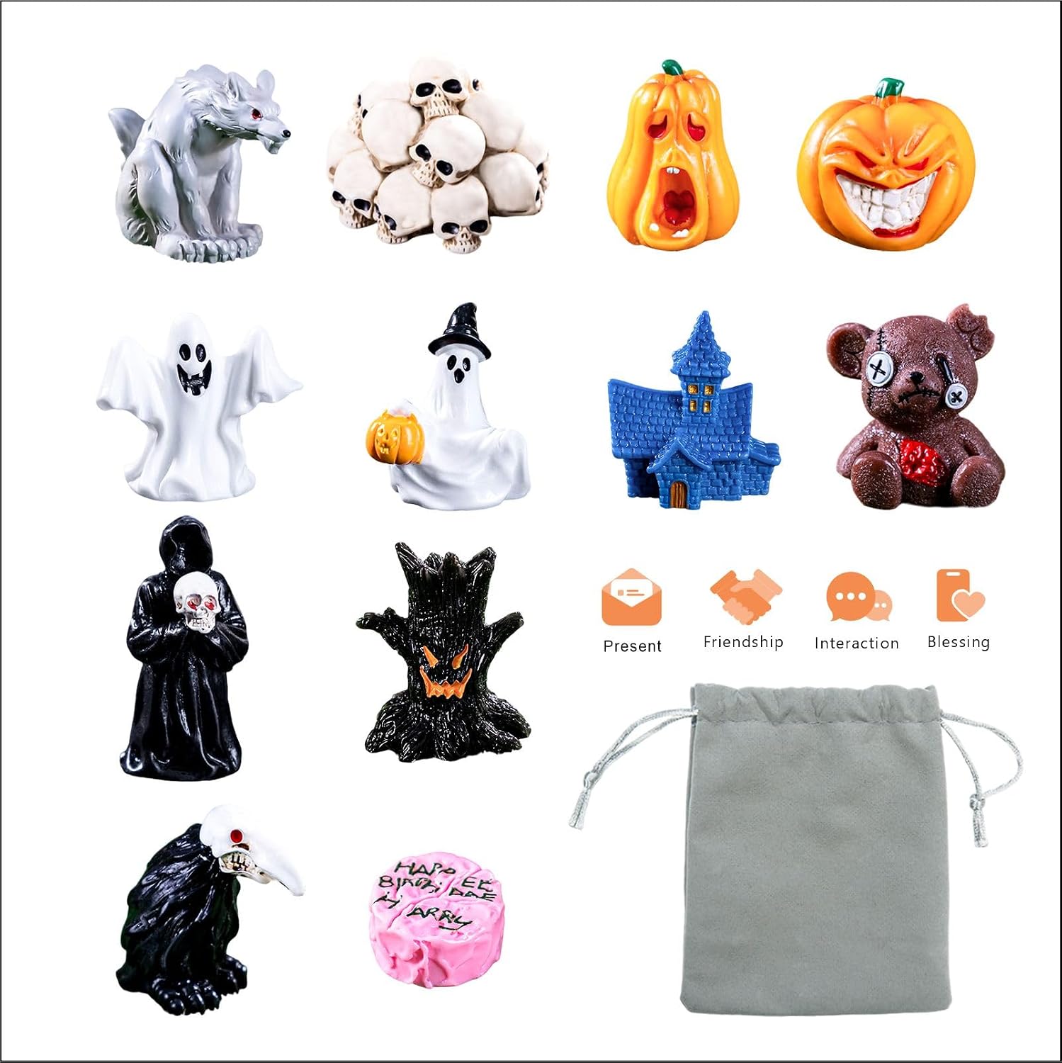 12-Piece Halloween Figurine Set, Mini Resin Sculpture Collection with Gray Drawstring Bag, for Home/Office/Car Desktop Decor, Spooky Festival Party Decoration image 2