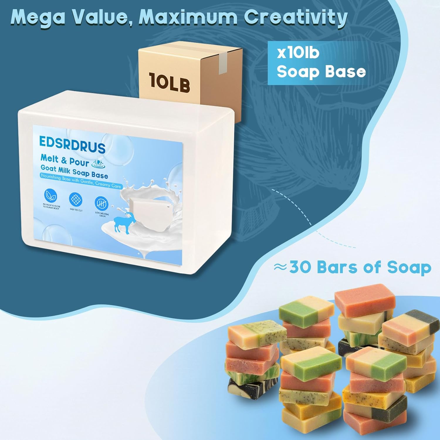 EDSRDRUS 10lb Unscented Melt and Pour Soap Base, Fragrance-Free Glycerin Soap Making Supplies for DIY Crafting – Smooth Melt, Rich Lather, Moisturizing (Goat Milk, 10 Pound)