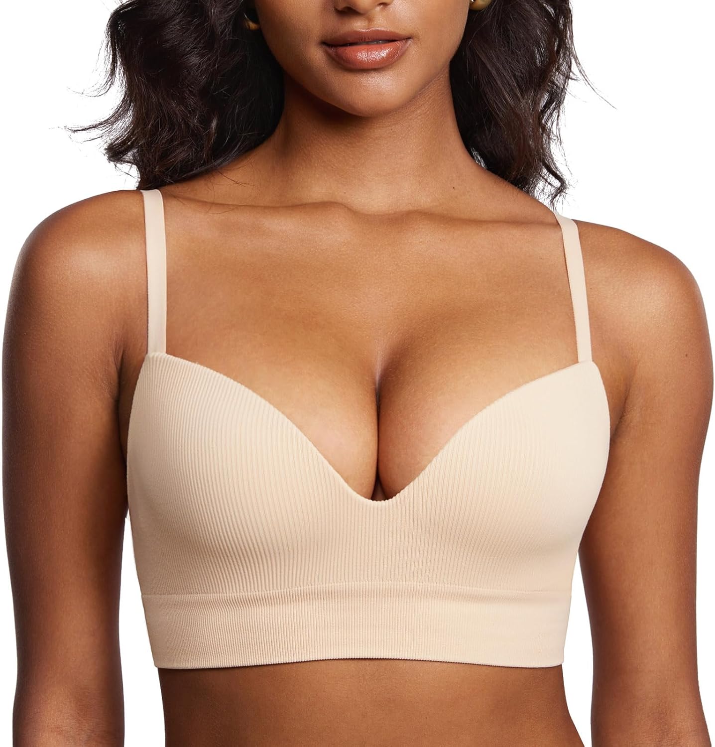 DOBREVA Women's Ribbed Wireless Push Up Bra No Underwire Supportive Padded Longline Bralette - Image 2