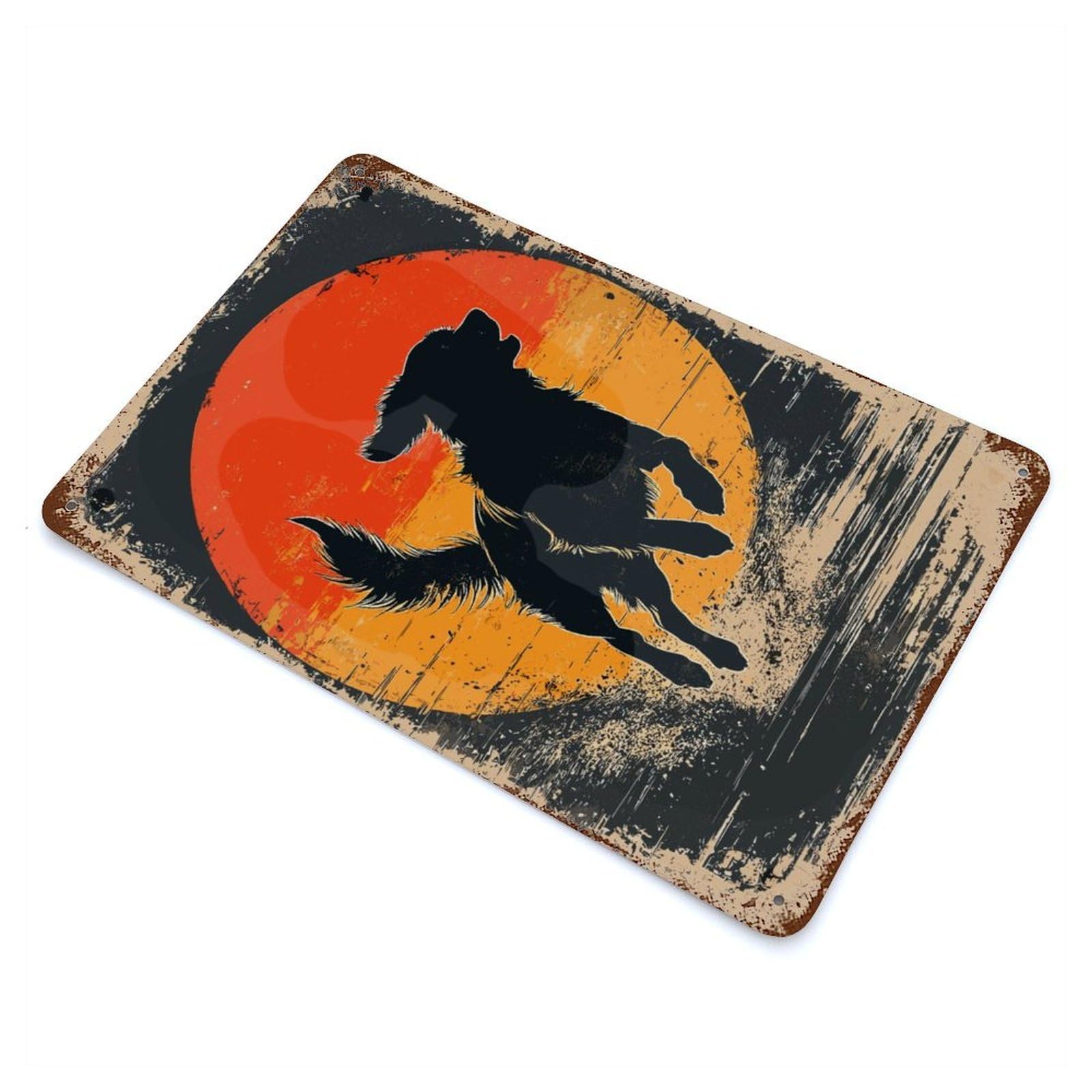 Garage Style Dog Silhouette Sunset Vintage Rust Metal Sign 11.8"x7.9", Retro Wall Decor for Bar And Workshop