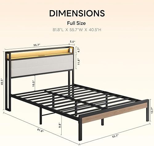 Miniatura 2 de LIKIMIO Base de cama matrimonial con cabecera de almacenamiento y luces LED, plataforma de metal con estación de carga, sin ruido, no necesita