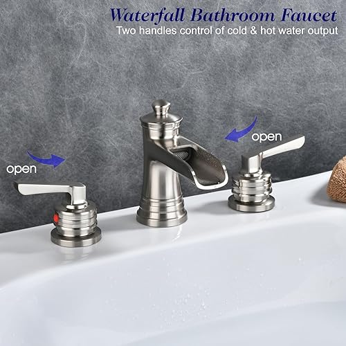 Miniatura 3 de Grifos de baño en cascada para fregadero de 3 agujeros, grifo de baño de níquel cepillado de 2 manijas con válvula, grifo de baño de níquel