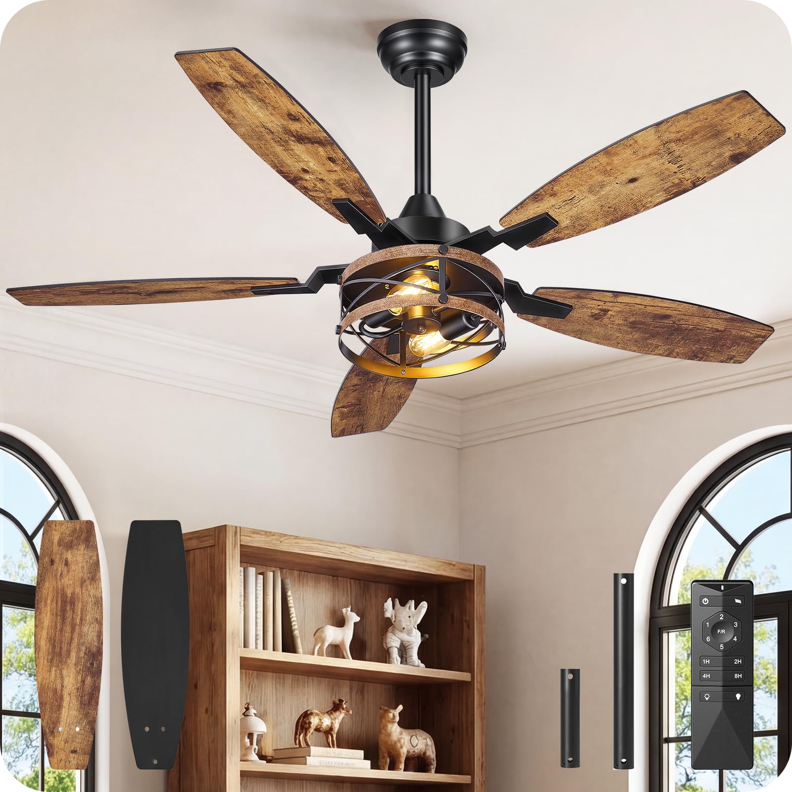 50 Inch Farmhouse Ceiling Fan with Lights and Remote, Timer, Dual Finish 5 Blades (Rustic Brown and Black), 6 Speeds, Reversible DC Motor, Rustic &amp; Industrial Caged Ceiling Fan for Bedroom B04CF05